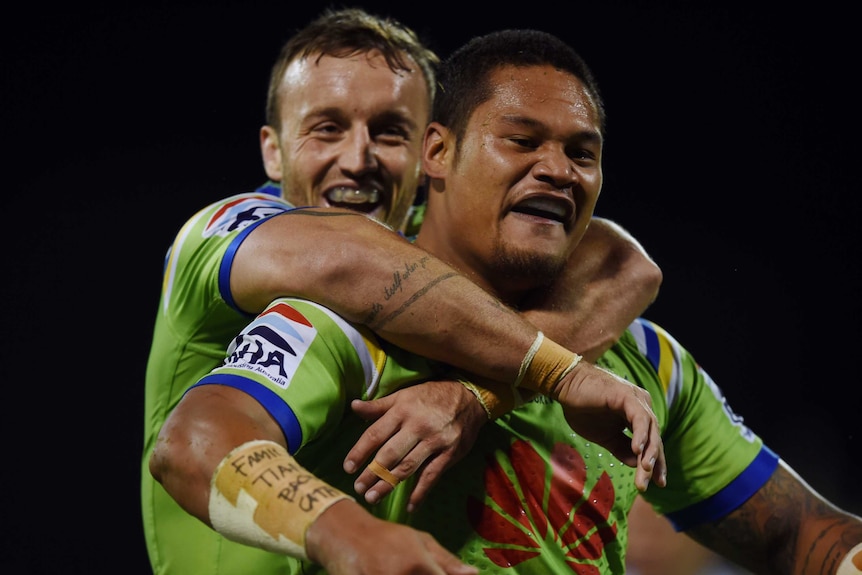 Joey Leilua of the Raiders celebrates after scoring a try