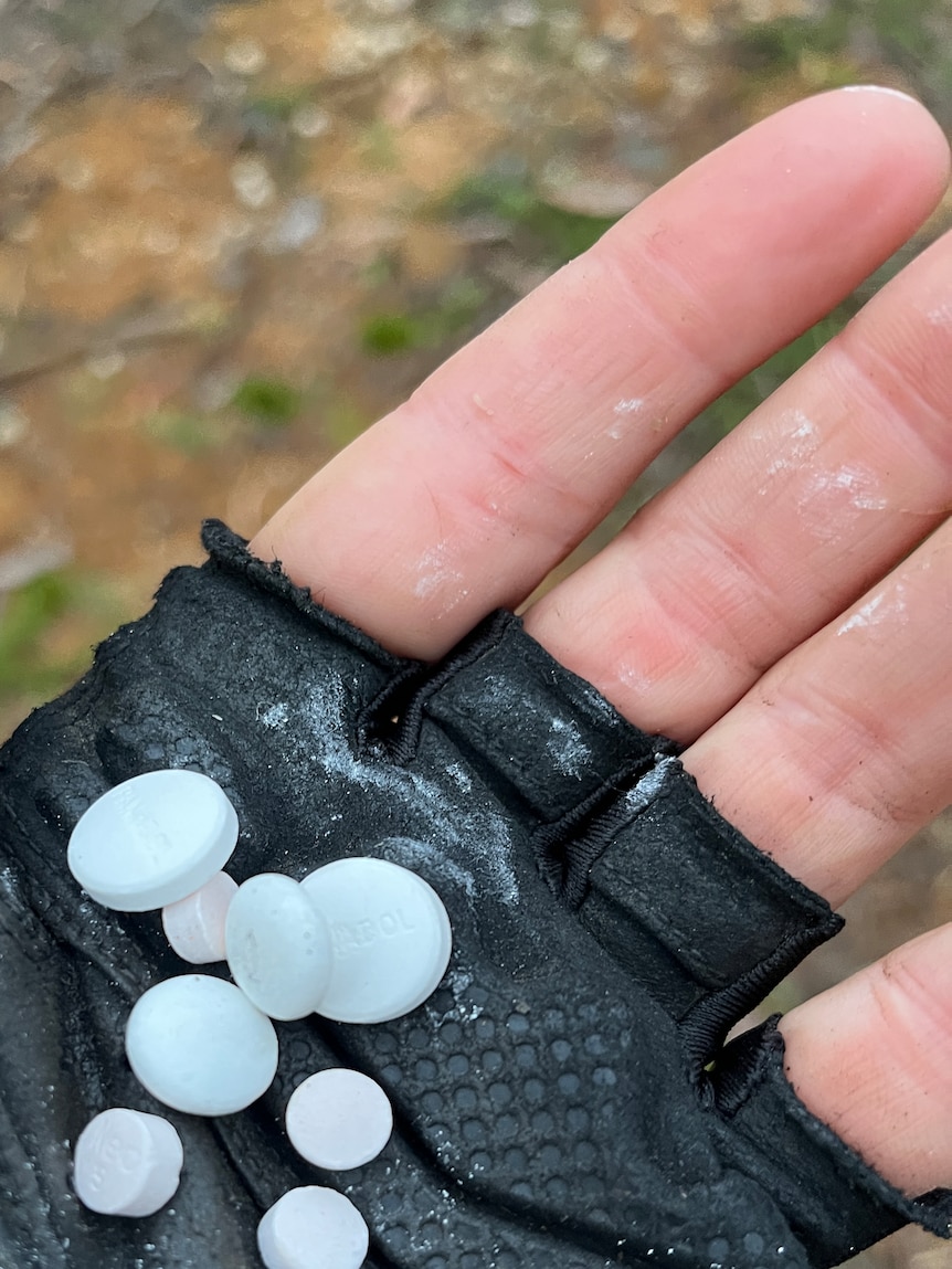 A hand with a bicycle glove on showing eight round pills.
