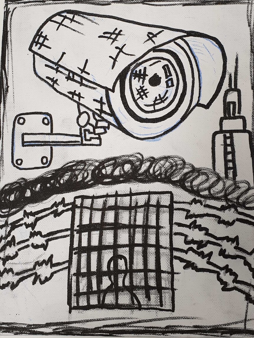 A detained child's black and white drawing of a CCTV camera