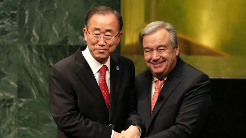Ban Ki-moon and Antonio Guterres