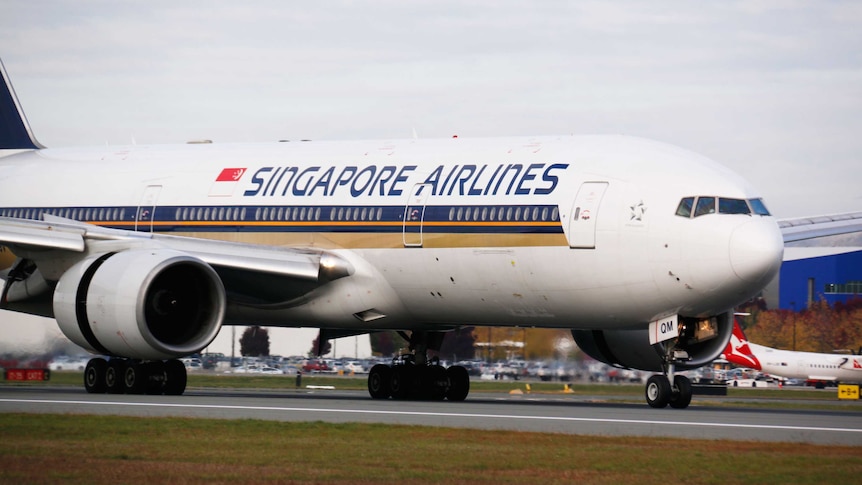 Close up of Singapore Airlines plane at Canberra Airport