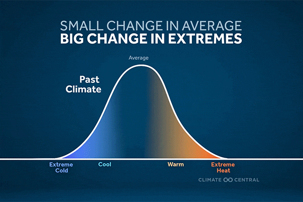 A moving graphic showing a bell curve of past temperatures compared to current climate and how that leads to more extreme heat.
