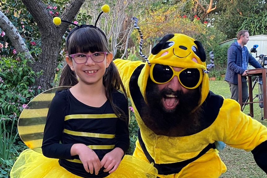 Caylee and Costa dressed in bee costumes.
