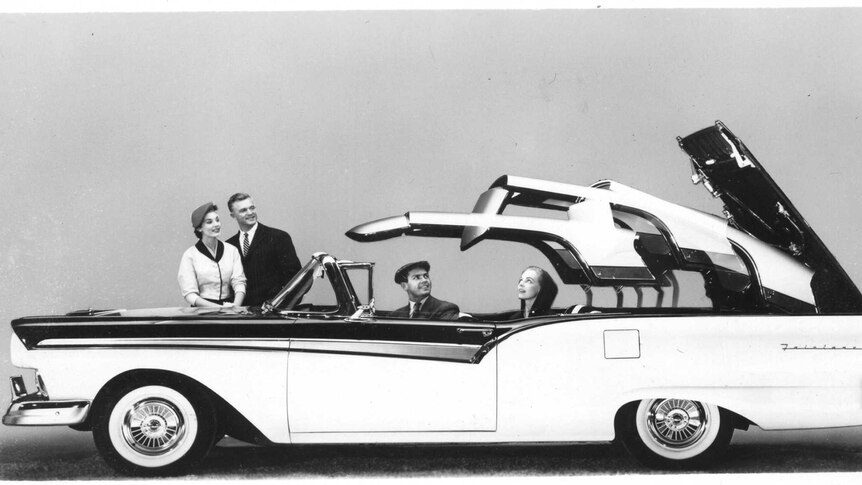 Three images of the Ford Fairlane 500 skyliner are stacked on top of each other, showing the retractable roof in motion.
