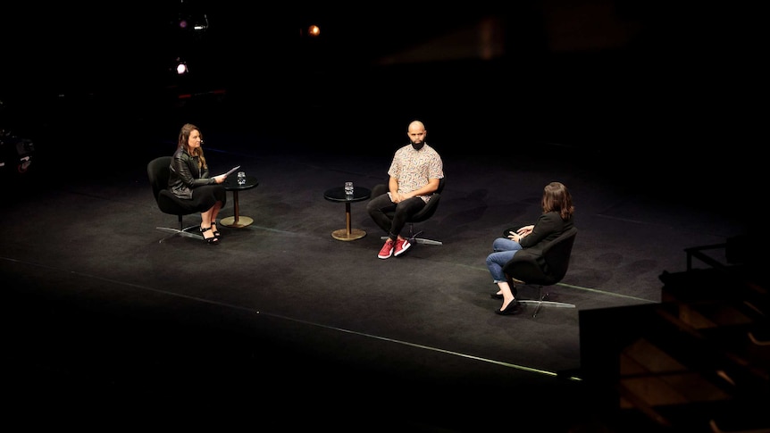 Larissa Behrendt, Luke Currie-Richardson and Lorena Allam on stage at the Sydney Opera House.