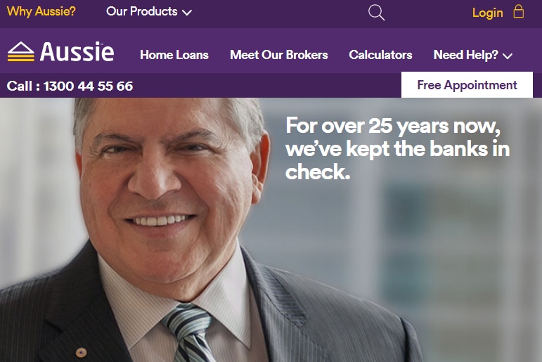 Aussie Home Loans' website, featuring the face of its founder John Symond