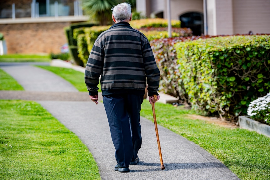 A person with a walking stick walks up a path