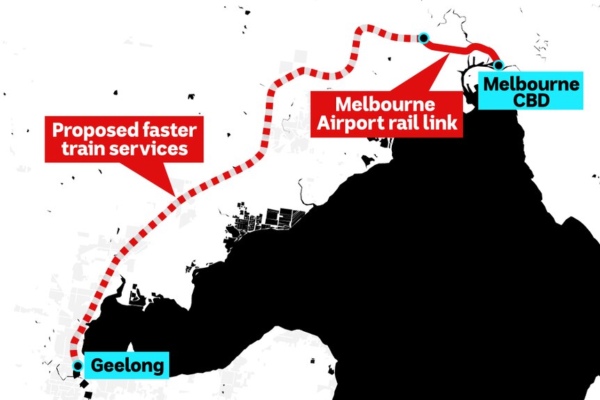 A map with a red line showing the section of rail proposed to be improved with fast trains.