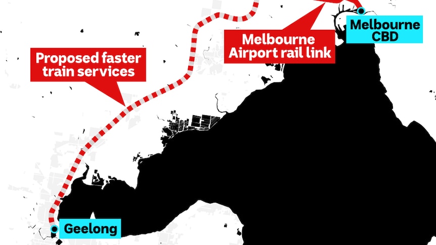 A map with a red line showing the section of rail proposed to be improved with fast trains.