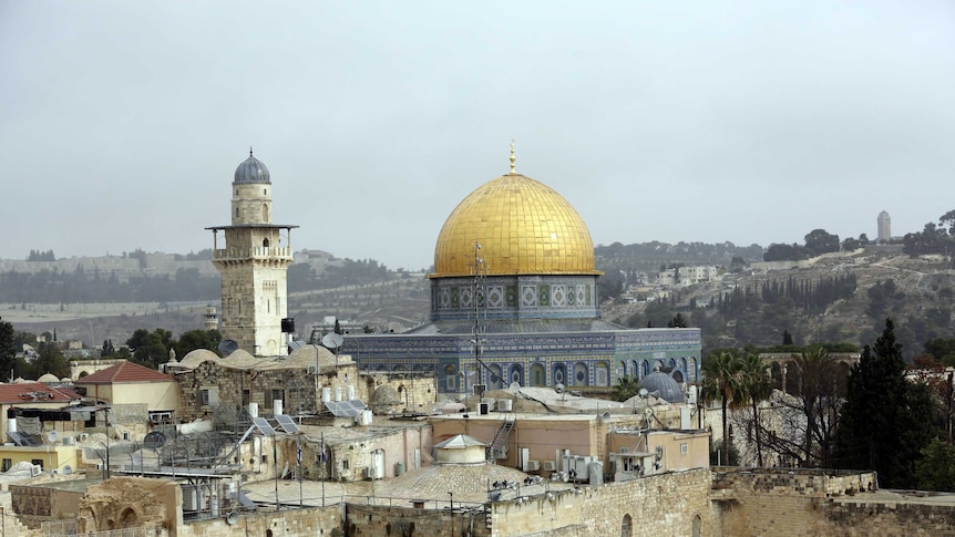 A sky view of the dome of the rock and old Jerusalem