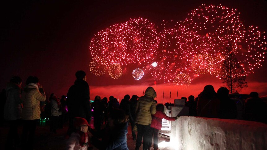 The Pyongyang sky is  lit up with red fireworks as a crowd watches.