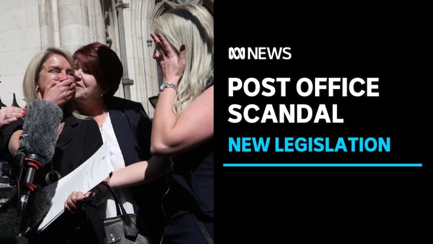 Post oFfice Scandal, New Legislation: Three emotional women at a media conference.