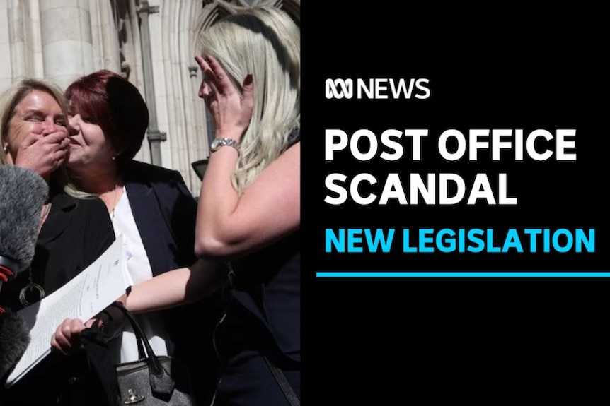 Post oFfice Scandal, New Legislation: Three emotional women at a media conference.