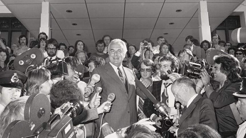 Gough Whitlam speaks to crowds outside Parliament House.