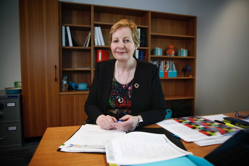 Ms Dickinson sits behind her desk in her office in front of a wooden bookcase. She's wearing a colourful blouse and black blazer