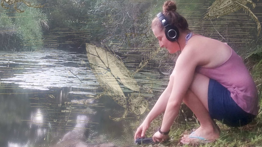 A woman squats beside a creek with audio equipment, headphones on. There are water bug drawings floating over her artistically.