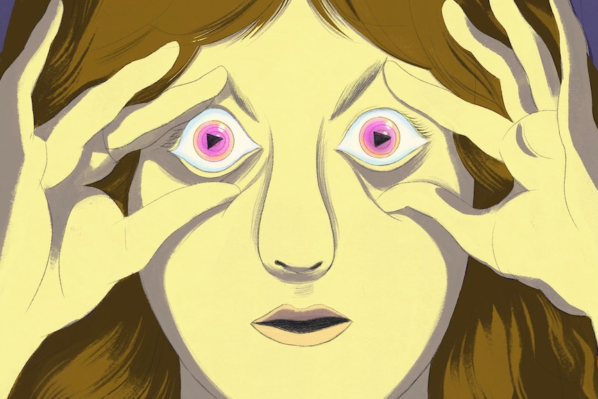 An illustration of a woman whose holding her eyes open, her irises are play buttons and she's bathed in the light of a screen