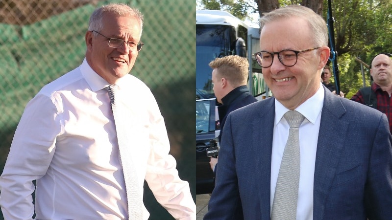 Composite image of Scott Morrison, left, and Anthony Albanese, right, both smiling