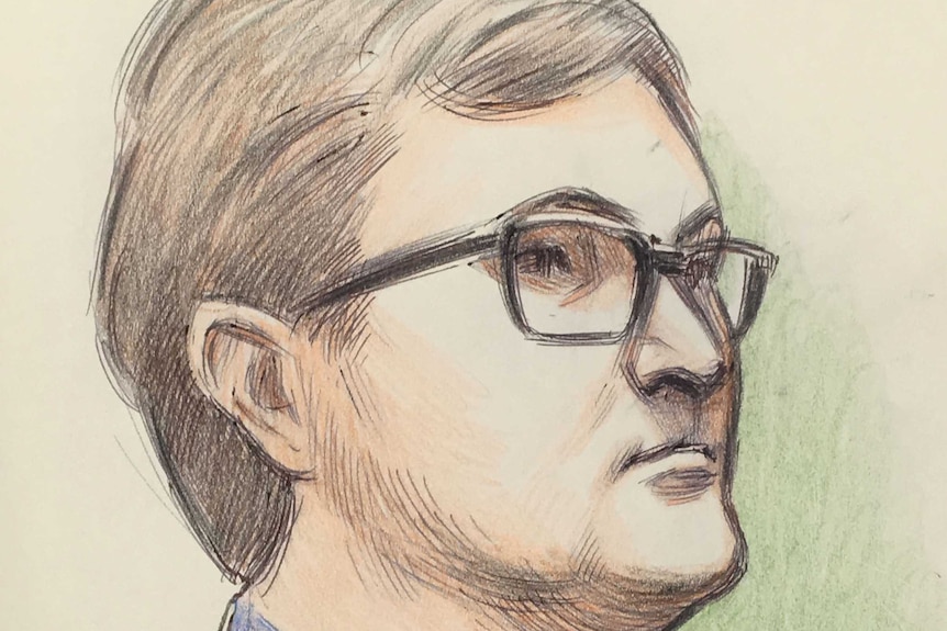 A court artist sketch of a man wearing a blue collared shirt and glasses.