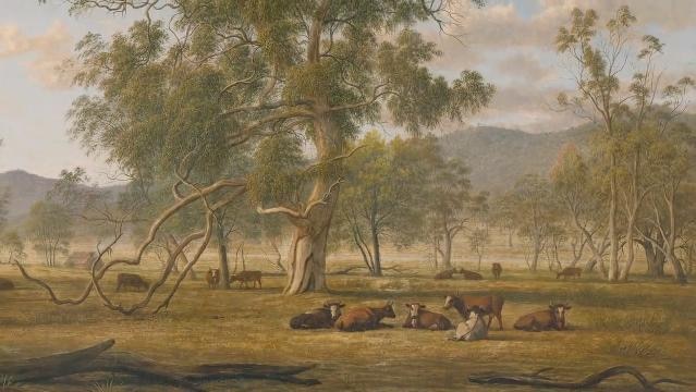 Landscape painting of cows laying beside trees, titled 'Patterdale landscape with cattle' c. 1833 by John Glover
