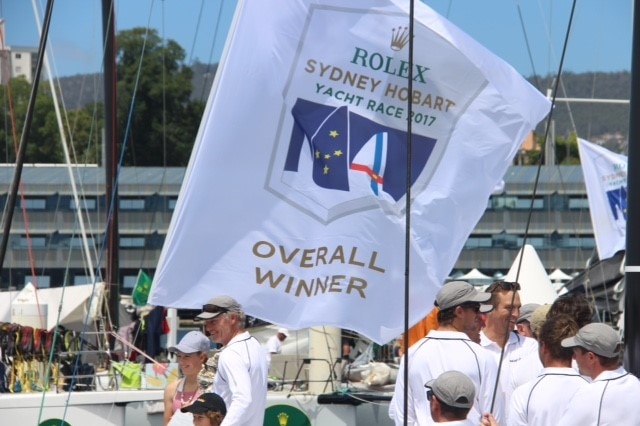 Ichi Ban flys the overall winners flag tied up at Kings Pier on the Hobart waterfront