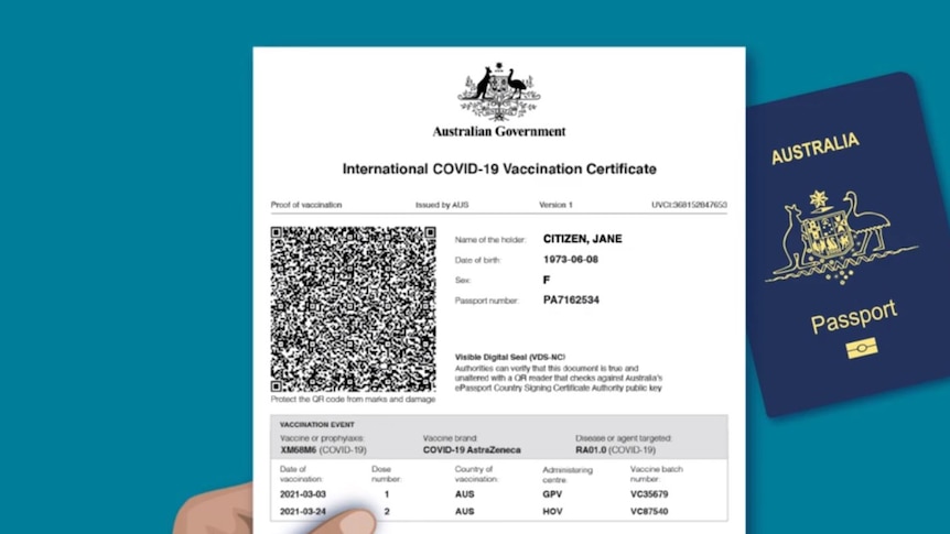 A digital rendering of the International COVID-19 Vaccination Certificate from a government video