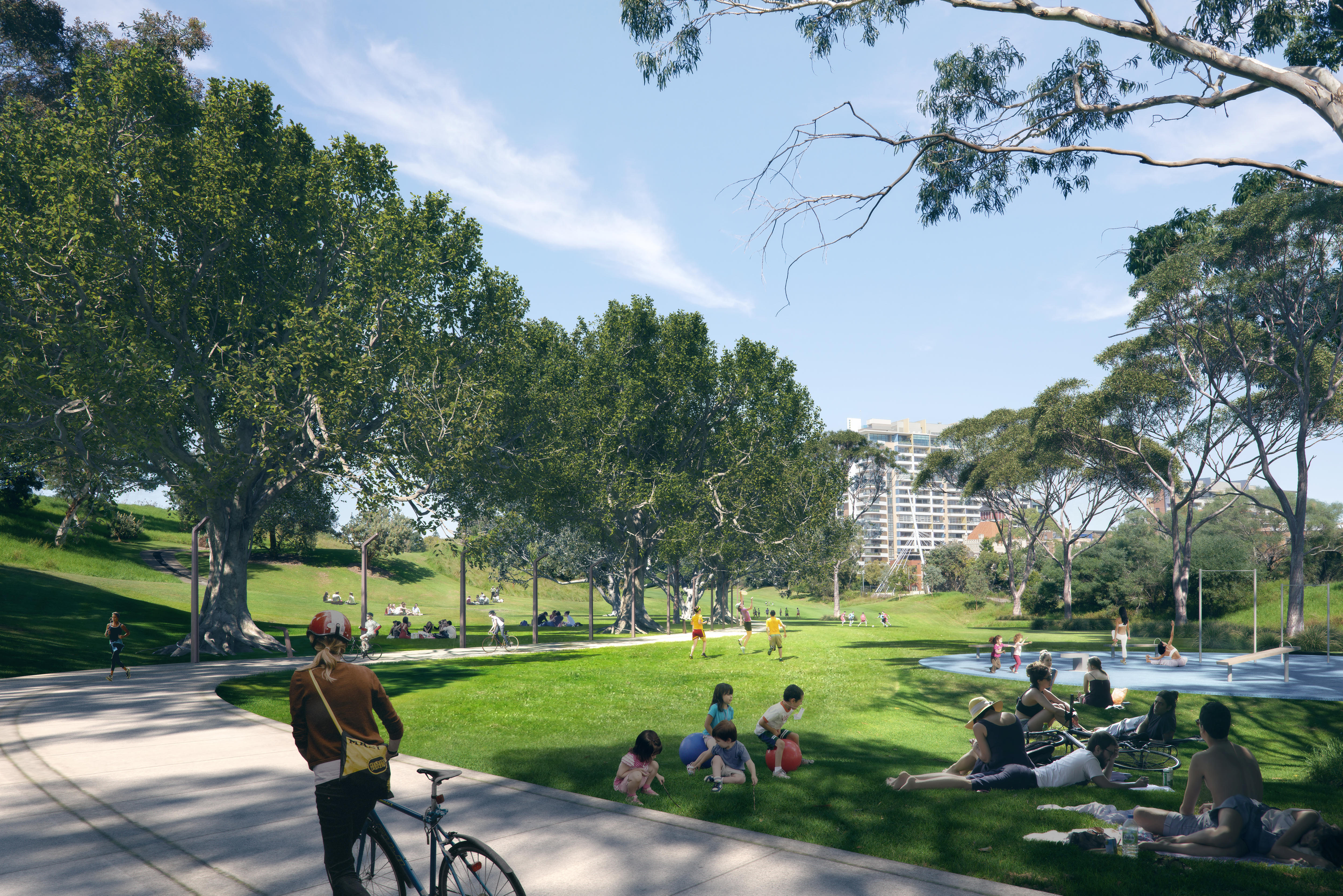 an artist's impression of a new park in sydney city with people on bikes and some people lying on t he ground
