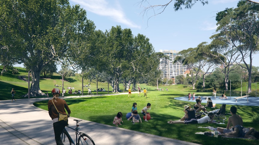 an artist's impression of a new park in sydney city with people on bikes and some people lying on t he ground