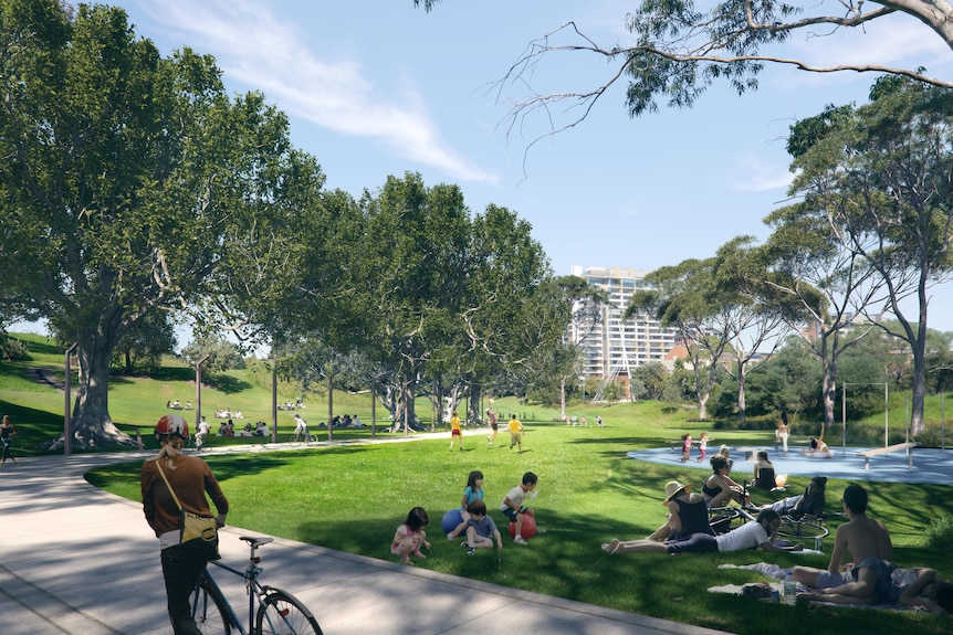 an artist's impression of a new park in sydney city with people on bikes and some people lying on t he ground