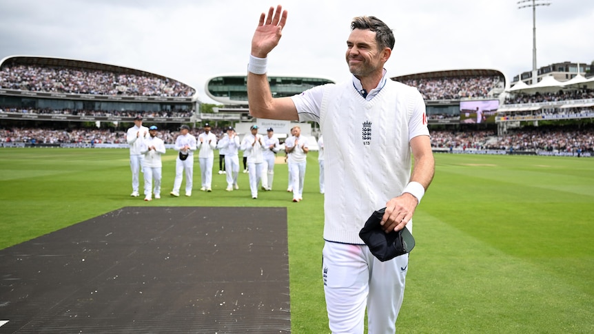 James Anderson waves to the Lord's crowd as he leaves the field in his final Test for England.