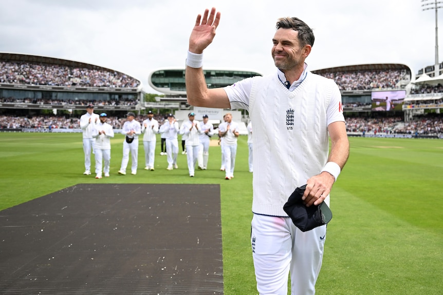 James Anderson waves to the Lord's crowd as he leaves the field in his final Test for England.