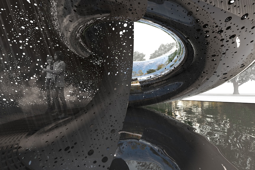 A close-up of a sculpture, showing the buffed metallic surface and the holes drilled through it, allowing light.