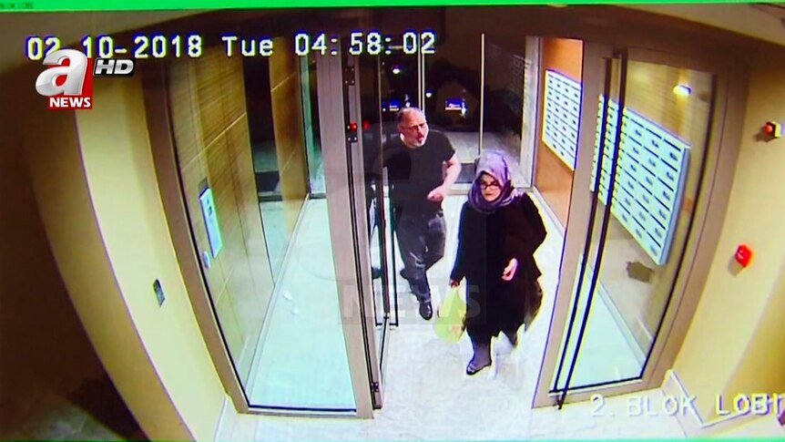 Saudi writer Jamal Khashoggi and his fiancee, Hatice Cengiz, at an apartment building in Istanbul, Turkey.