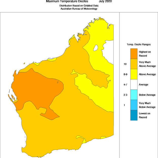 A map of WA temperatures for July, showing record temperatures in the Gascoyne and above average for the rest of the state