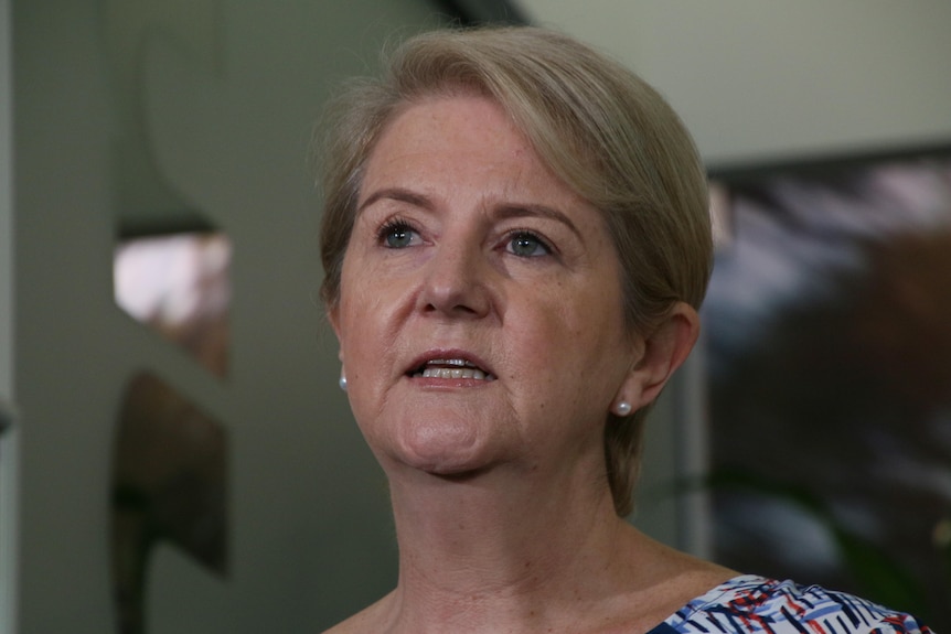 A head shot of a middle-aged woman with short blonde hair, wearing pearls,  inside an office, speaking seriously.