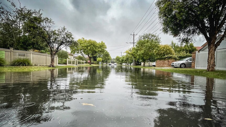 A wide shot of a flooded suburban street.