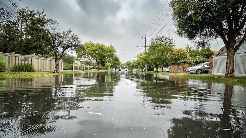 A wide shot of a flooded suburban street.