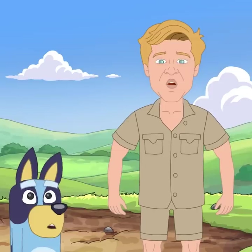 A cartoon of a blue dog and a an adult male in khakis. In the background are green hills.