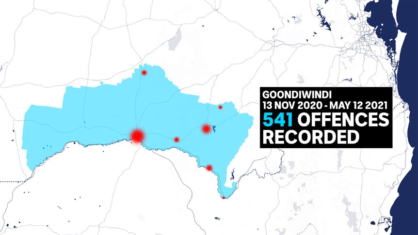 A map of the Goondiwindi region showing 541 offences were recorded from November 2020-May 2021