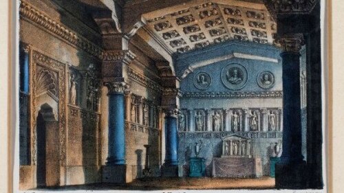 An illustration of an ornate hall full of statues and columns. 