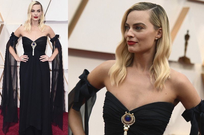 A composite image of Margot Robbie wearing a black dress with flowing sleeves.