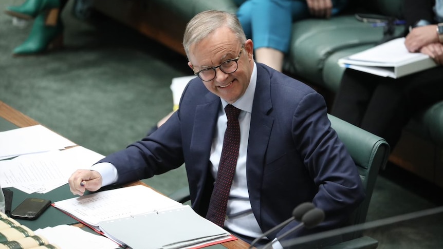 Albanese smiles as he looks off camera while sitting at the despatch box in the lower house.