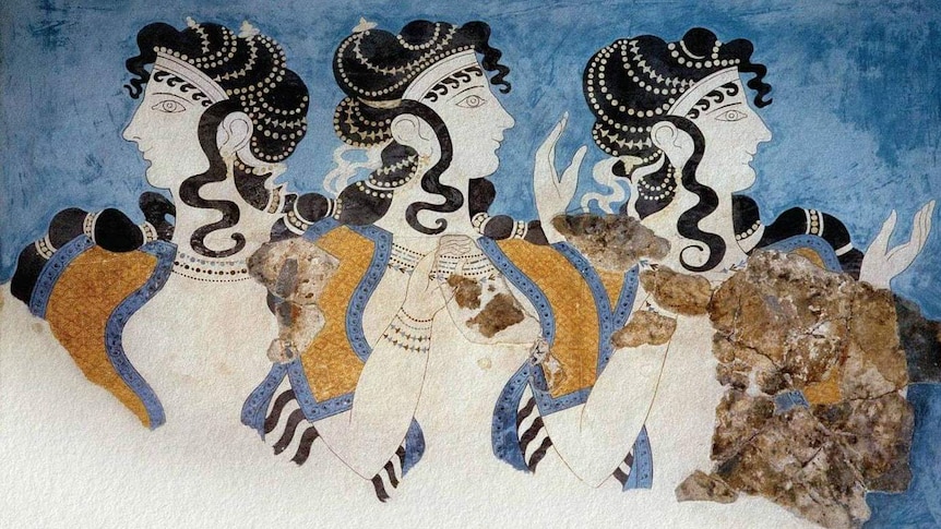 An illustration on rock of three women with black hair.