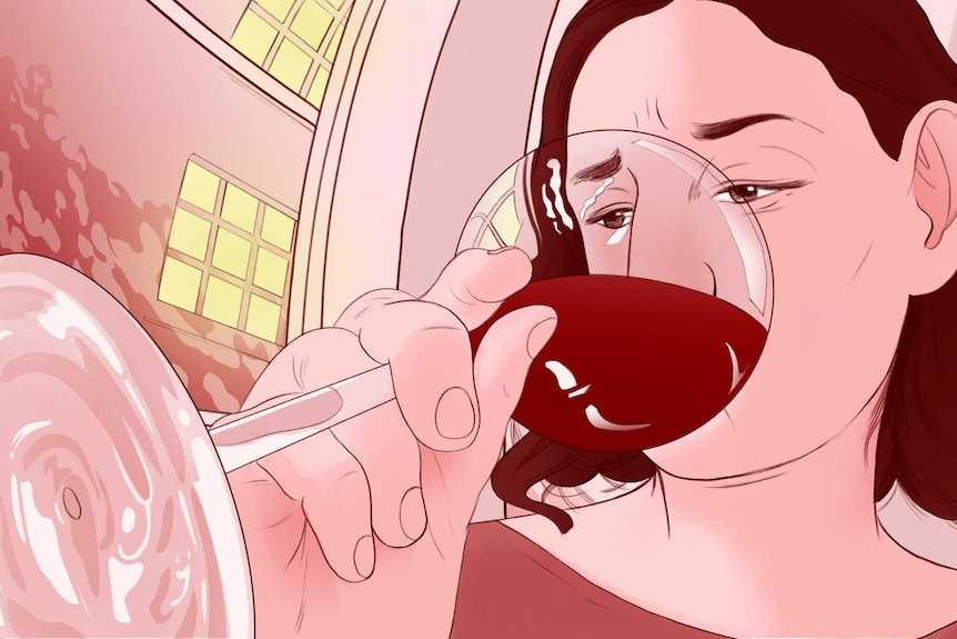 An illustration of a woman looking down at a glass of wine with concern