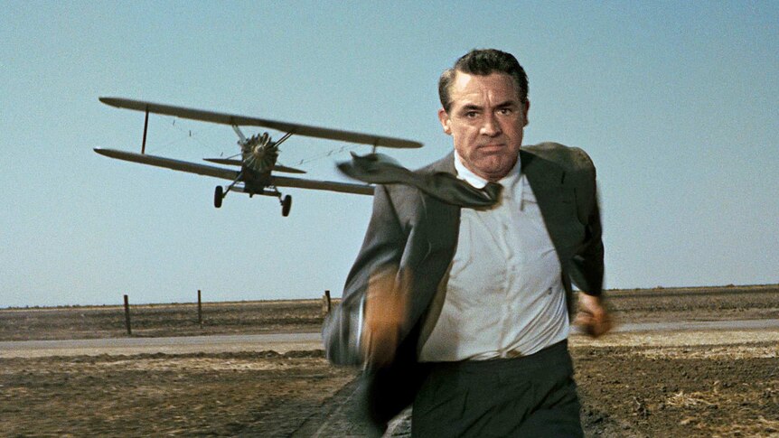 A man runs towards the camera, chased by a plane in a corn field.