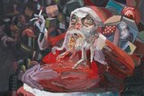 A large painting of a huge santa claus smoking a cigarette, carrying a bunch of presents