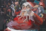 A large painting of a huge santa claus smoking a cigarette, carrying a bunch of presents