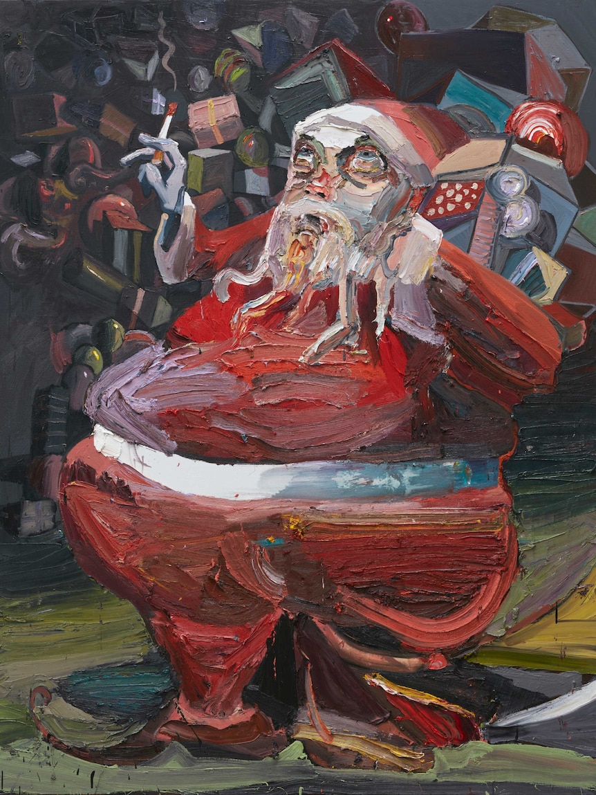 A large painting of a huge santa claus smoking a cigarette, carrying a bunch of presents