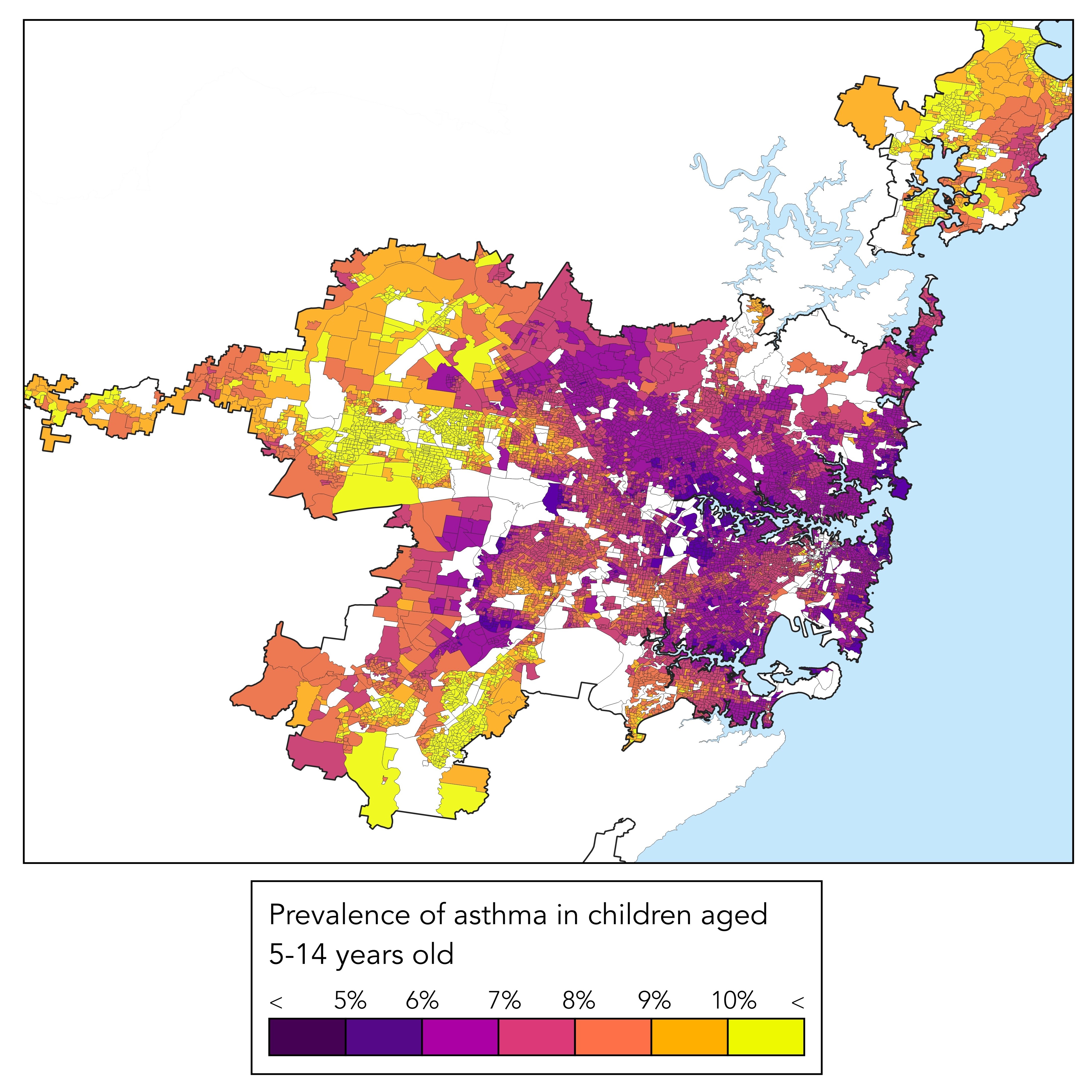 A map of sydney with asthma prone areas iin yellow on the outer suburbs