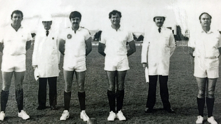 The umpires line up before the 1980 SAPOL Football Association Grand Final at Alberton Oval.